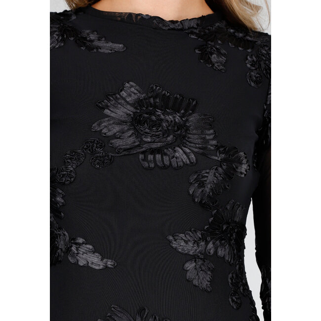 Schwarzes langes Kleid mit Stretch und Blumenstruktur