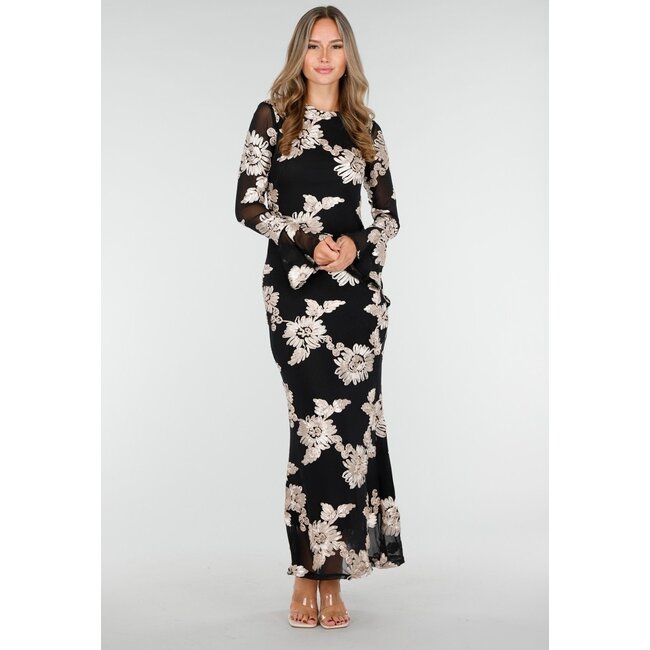 Schwarzes langes Kleid mit Stretch und beigem Blumenmuster
