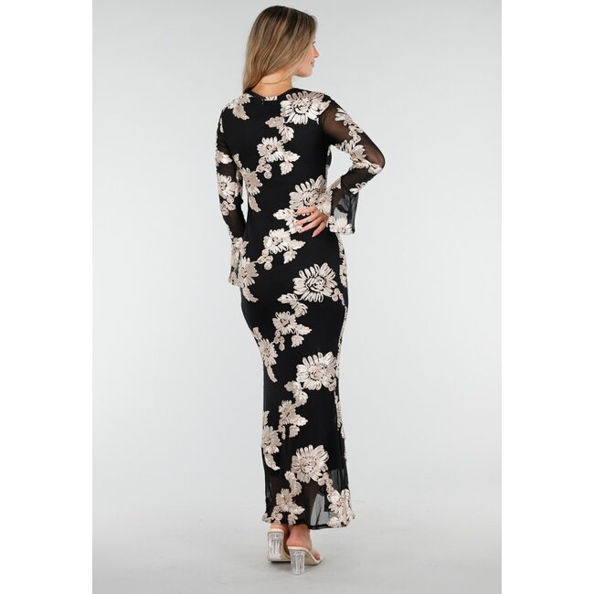 Schwarzes langes Kleid mit Stretch und beigem Blumenmuster