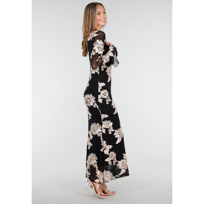 Schwarzes langes Kleid mit Stretch und beigem Blumenmuster