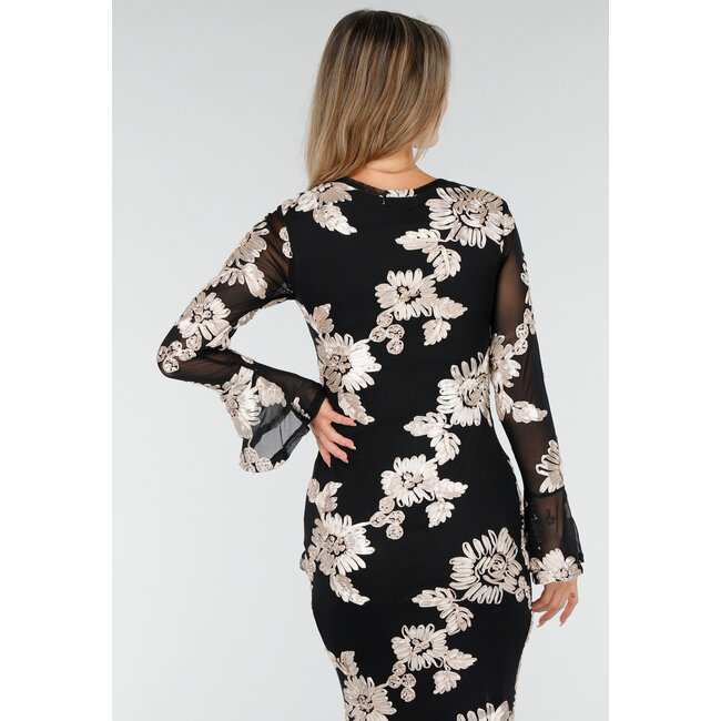 Schwarzes langes Kleid mit Stretch und beigem Blumenmuster