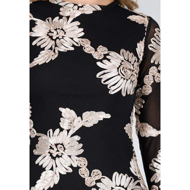 Schwarzes langes Kleid mit Stretch und beigem Blumenmuster