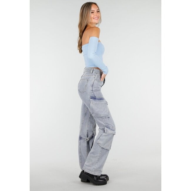 Blaues Off-Shoulder-Oberteil mit langen Ärmeln und Stretchstoff