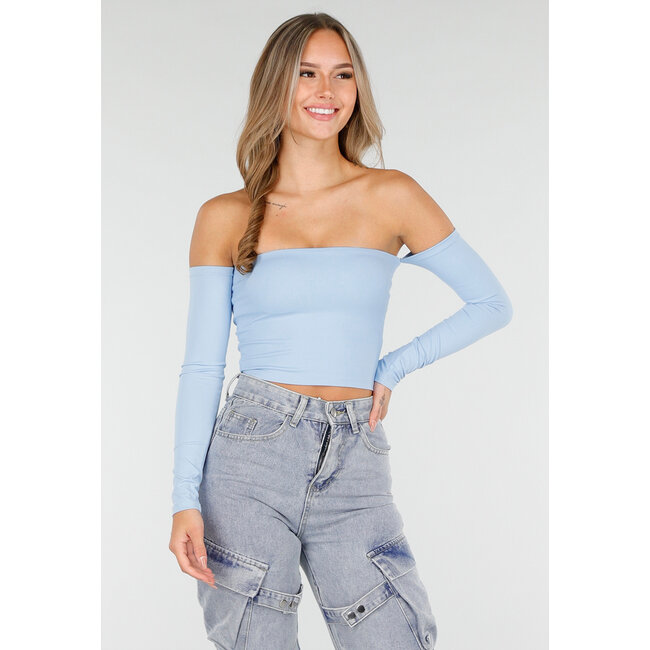 Blaues Off-Shoulder-Oberteil mit langen Ärmeln und Stretchstoff