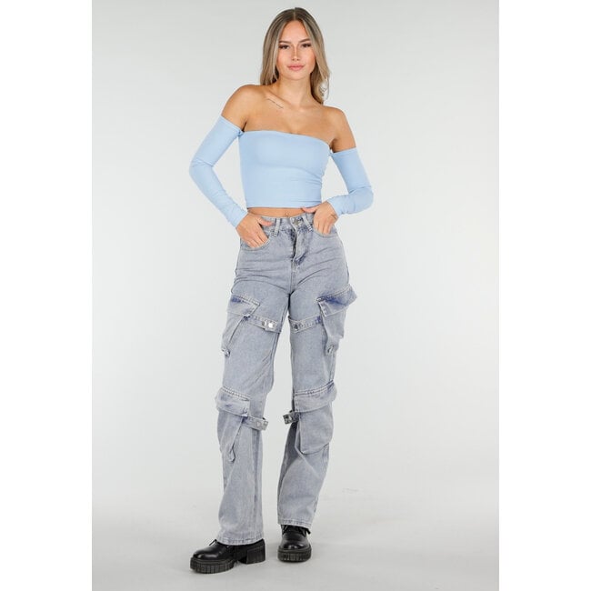 Blaues Off-Shoulder-Oberteil mit langen Ärmeln und Stretchstoff