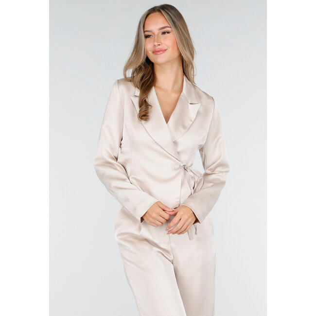 Champagnerfarbener Satin-Look-Wickelblazer mit Schleife