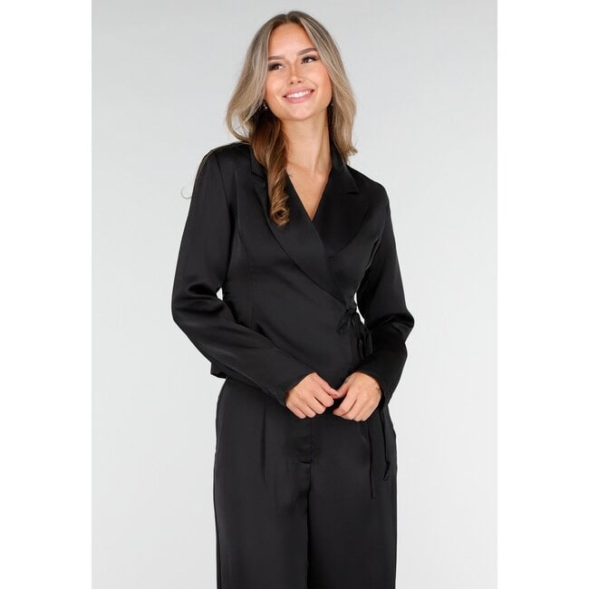 Schwarzer Wrap-Blazer in Satinoptik mit Schleifenverschluss