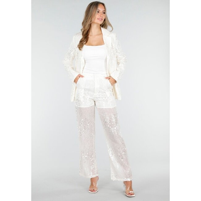 Weißes Pailletten-Set mit Blazer und gerader Hose
