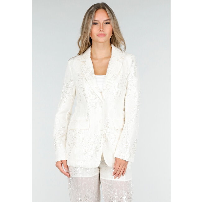 Weißes Pailletten-Set mit Blazer und gerader Hose
