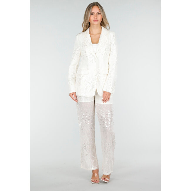 Weißes Pailletten-Set mit Blazer und gerader Hose