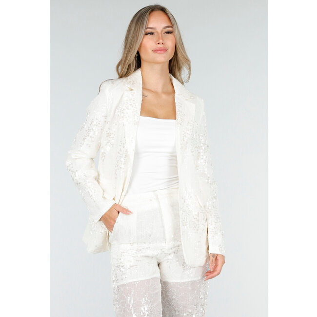 Weißes Pailletten-Set mit Blazer und gerader Hose