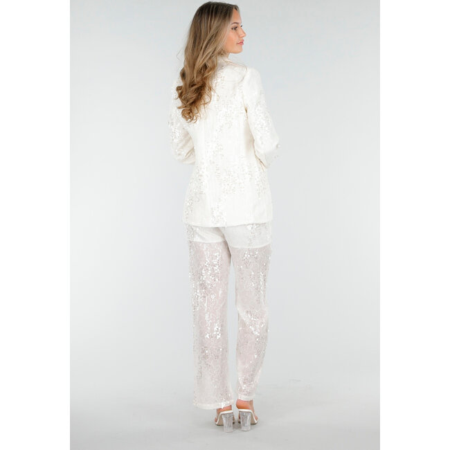 Weißes Pailletten-Set mit Blazer und gerader Hose