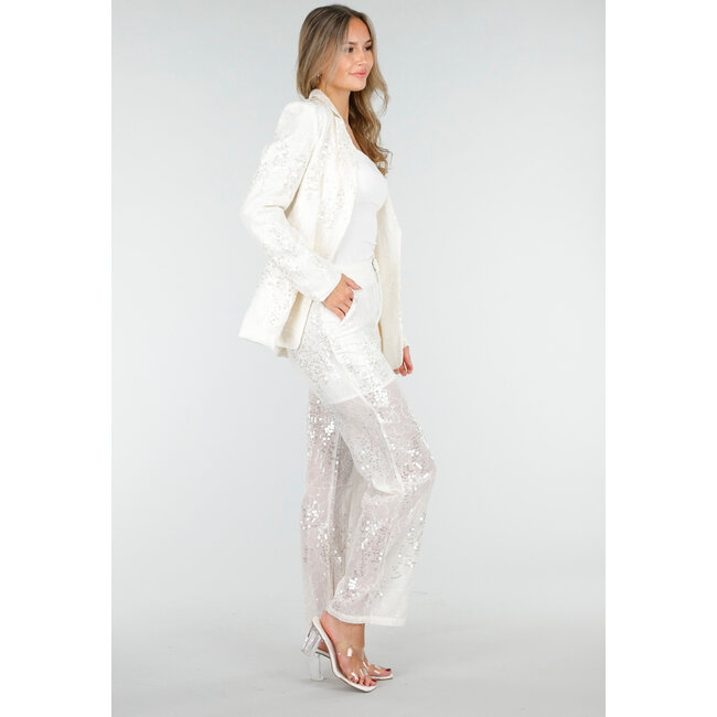 Weißes Pailletten-Set mit Blazer und gerader Hose
