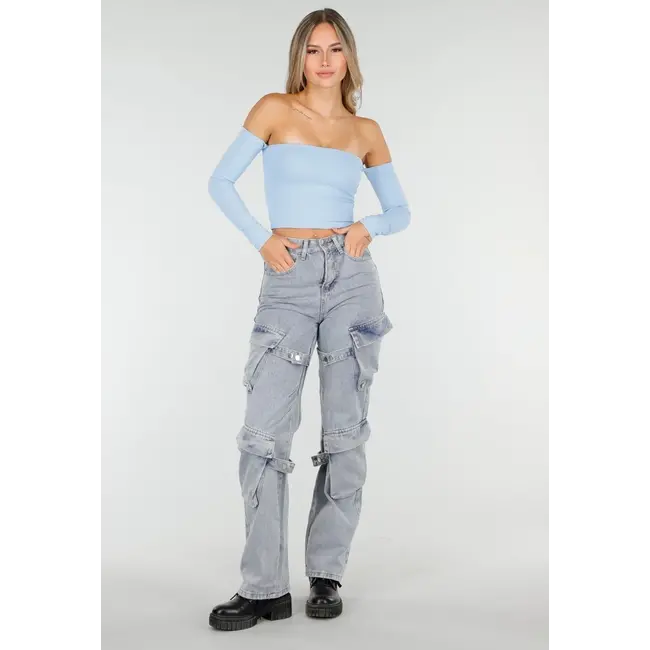 Hellblaue Cargo-Jeans mit Taschen, Schlaufen und Washed-Look