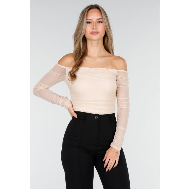 Beiges Mesh-Oberteil mit Stretch und langen Ärmeln