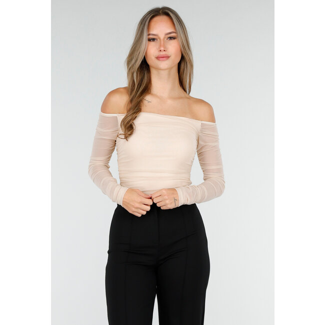Beiges Mesh-Oberteil mit Stretch und langen Ärmeln