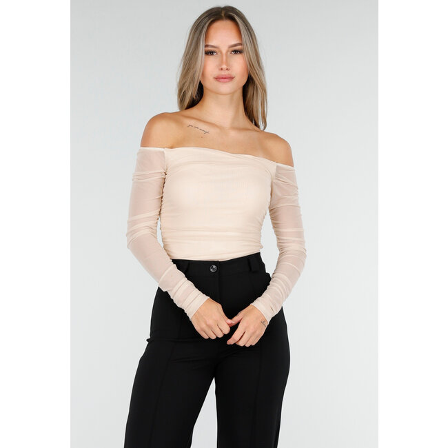 Beiges Mesh-Oberteil mit Stretch und langen Ärmeln