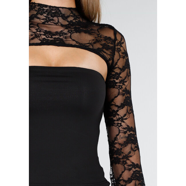 Schwarzes Oberteil mit Spitze, Stretch und Cut-Out-Detail