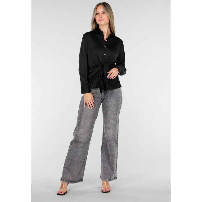 Bluse mit langen Ärmeln und Satin-Effekt Schwarz