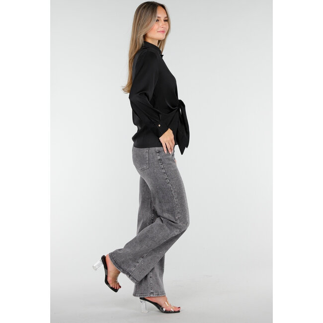 Bluse mit langen Ärmeln und Satin-Effekt Schwarz