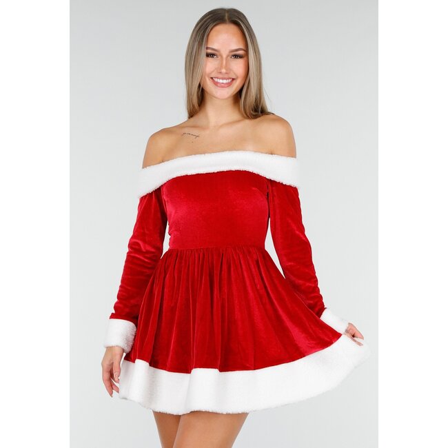 Rotes Weihnachtskleid mit weißer Paspelierung und schulterfreiem Ausschnitt