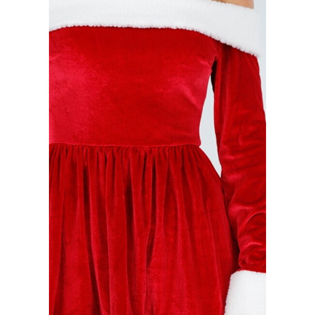 Rotes Weihnachtskleid mit weißer Paspelierung und schulterfreiem Ausschnitt