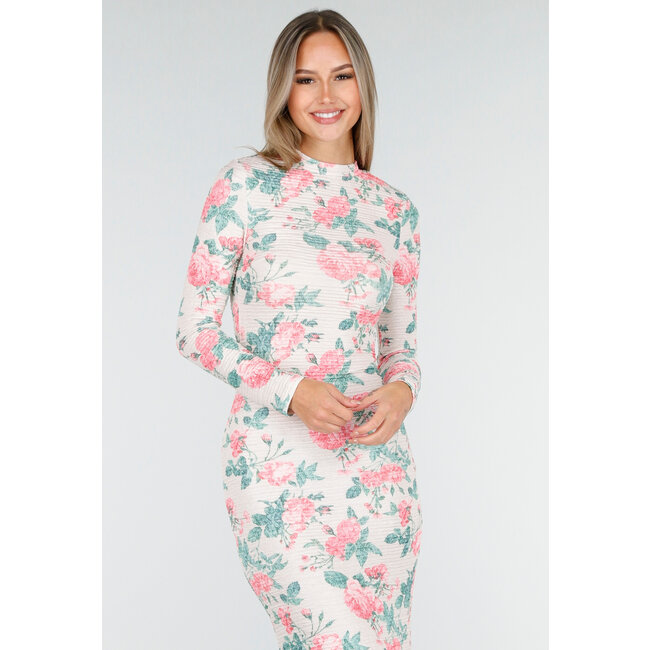 Pink-grünes Blumenkleid mit langen Ärmeln