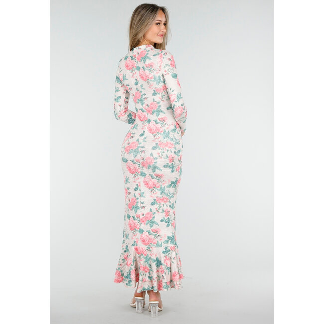 Pink-grünes Blumenkleid mit langen Ärmeln