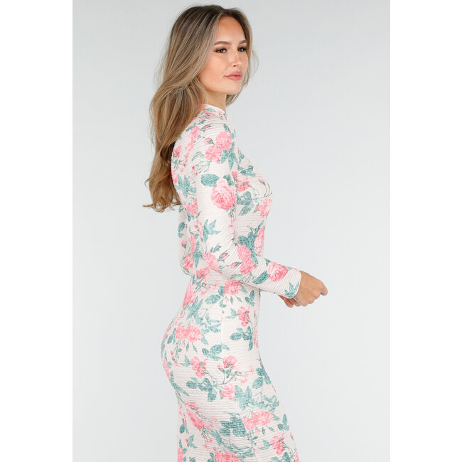 Pink-grünes Blumenkleid mit langen Ärmeln