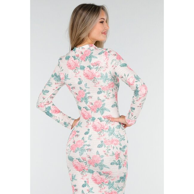 Pink-grünes Blumenkleid mit langen Ärmeln