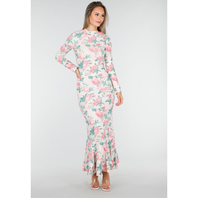 Pink-grünes Blumenkleid mit langen Ärmeln