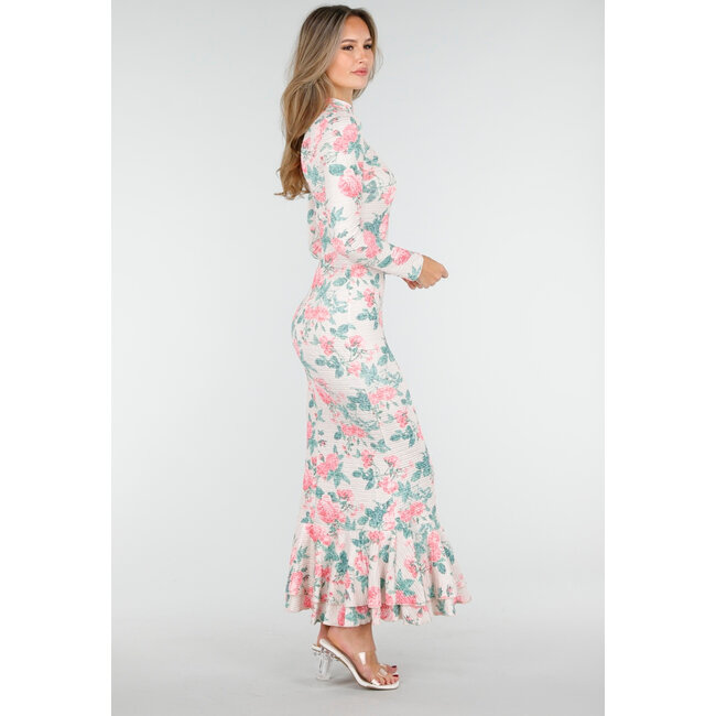 Pink-grünes Blumenkleid mit langen Ärmeln