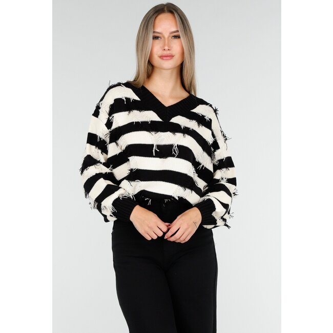 Gestreifter Pullover mit V-Ausschnitt und Fransen-Details