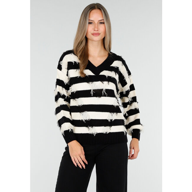 Gestreifter Pullover mit V-Ausschnitt und Fransen-Details