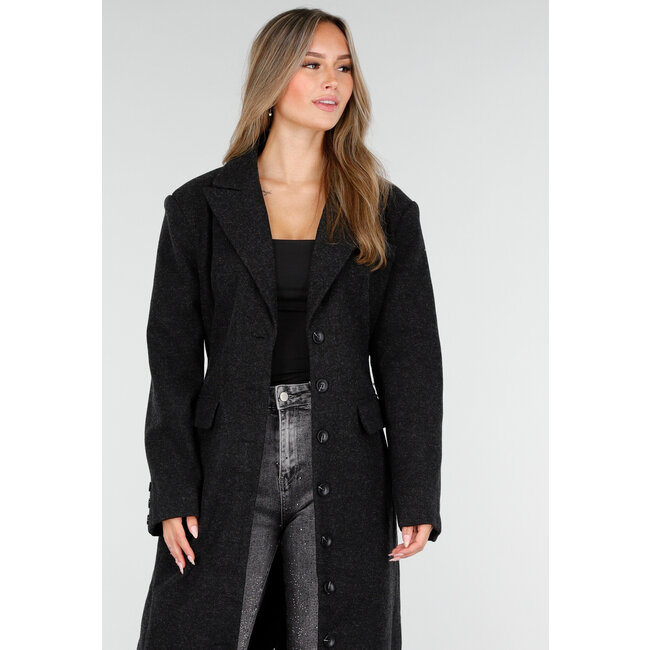 Schwarzer Mantel mit Revers und Knöpfen