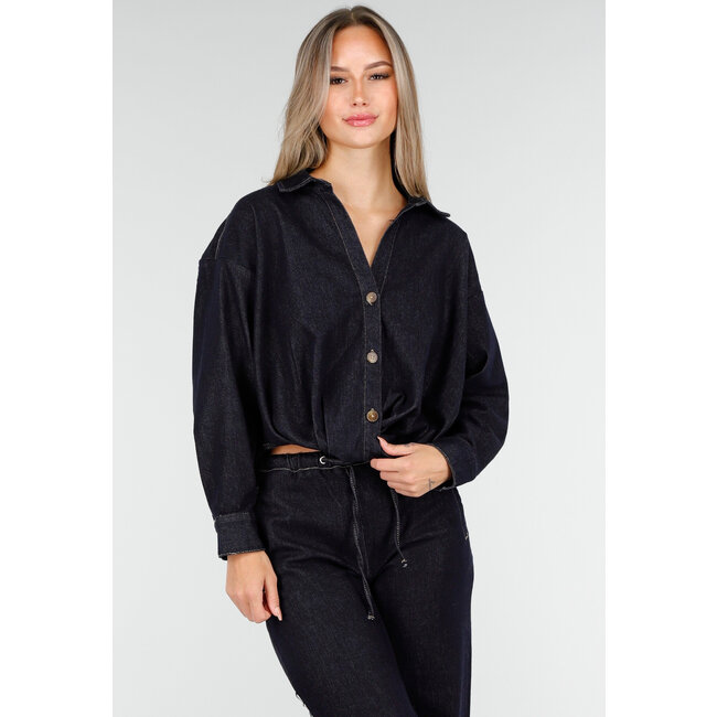 Dunkelblaue Jeansbluse mit langen Ärmeln