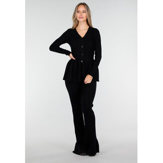 Schwarzes geripptes Stretch-Zweiteiler-Set