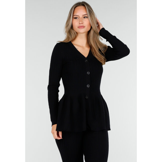 Schwarzes zweiteiliges Set mit ausgestelltem Oberteil und gerippter Flare-Hose