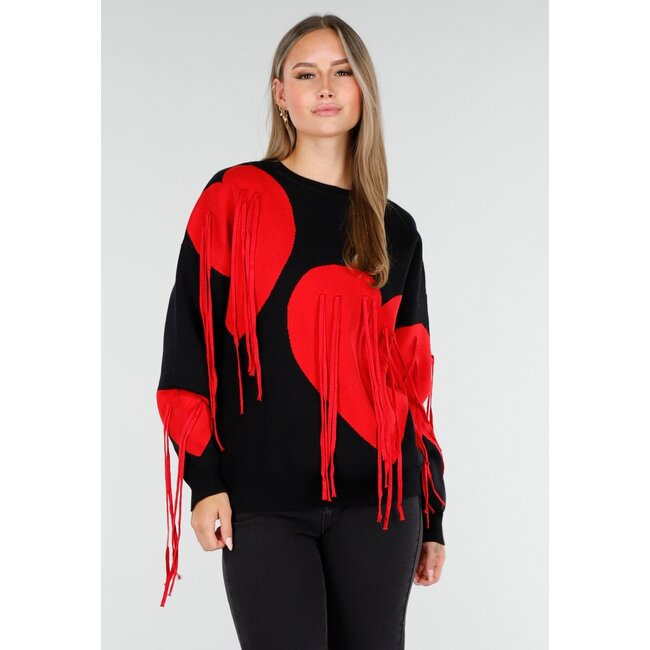Schwarzes Sweatshirt mit rotem Herzprint und Fransen