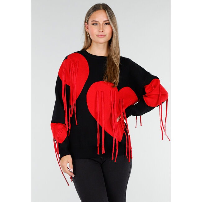 Schwarzes Sweatshirt mit rotem Herzprint und Fransen