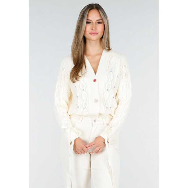 Cremefarbene Strickjacke mit Perlen- und Schleifendetails