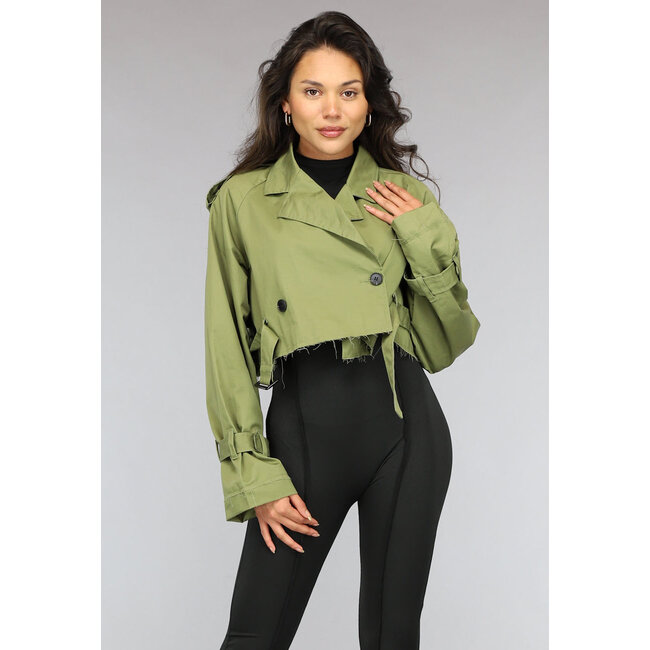 Grüner Cropped Trenchcoat mit Schnallendetails