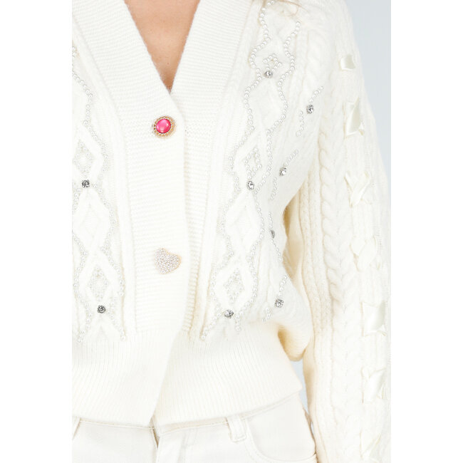 Cremefarbene Strickjacke mit Perlen- und Schleifendetails
