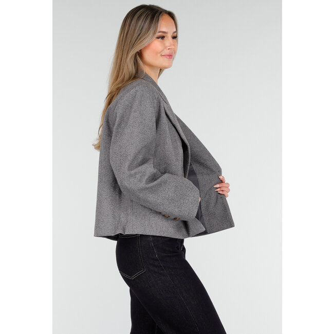 Graue kurze Jacke mit Gürtel und Revers