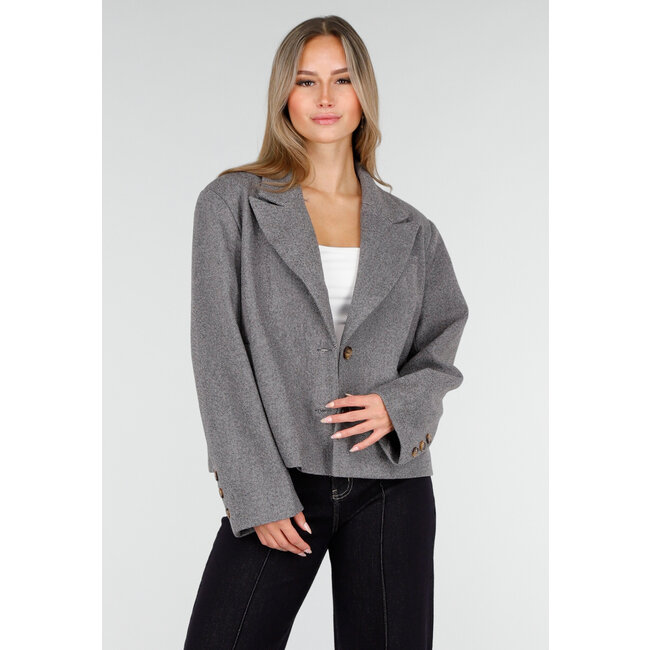 Graue kurze Jacke mit Gürtel und Revers