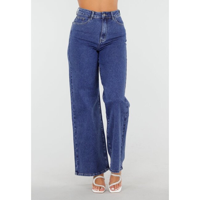 Blaue High Waist Straight Jeans mit weitem Bein
