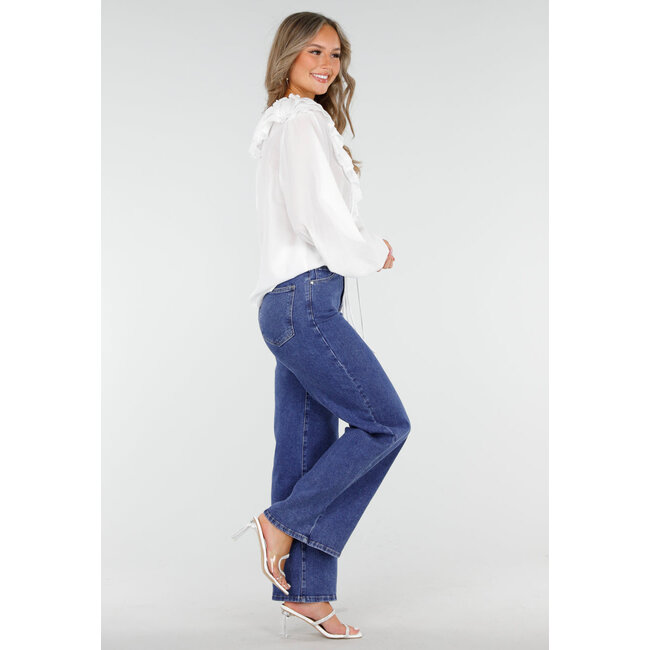 Blaue High Waist Straight Jeans mit weitem Bein