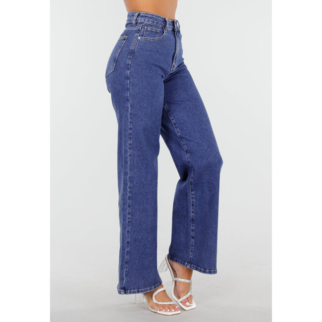 Blaue High Waist Straight Jeans mit weitem Bein