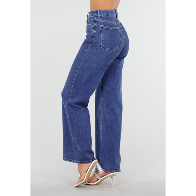 Blaue High Waist Straight Jeans mit weitem Bein