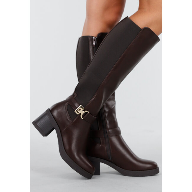 Kniehohe Stiefel in Dunkelbraun mit Absatz und Reißverschluss